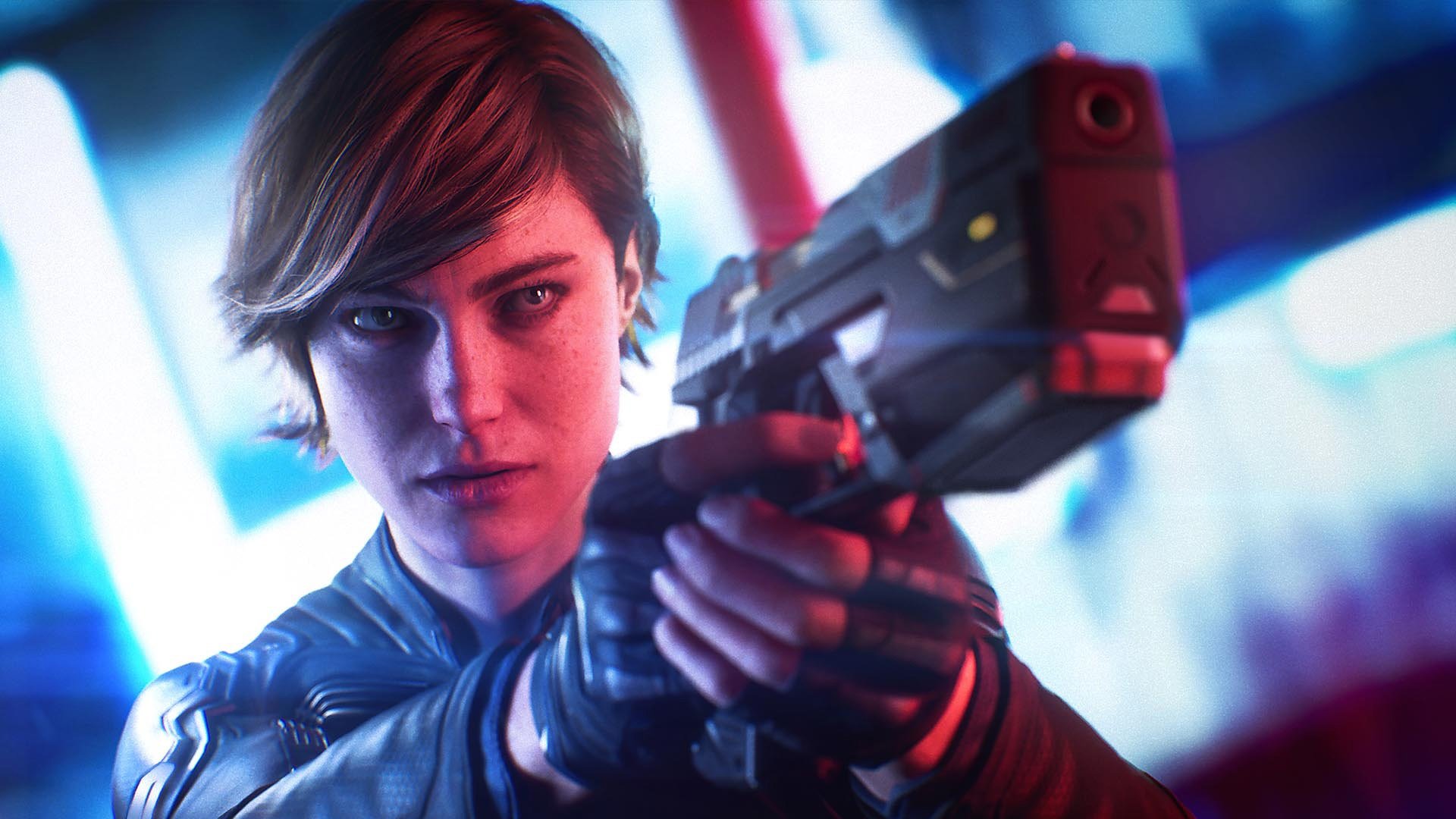 A short-haired woman points a gun.